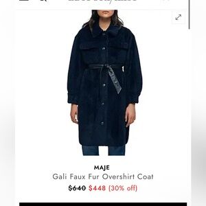 Maje Dark Blue Faux Fur Belted Jacket